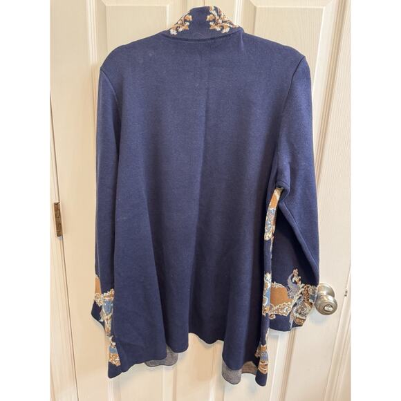 Susan Graver Weekend L Open Jacquard Duster Cardigan Stand Collar Blue Tan - Picture 3 of 15